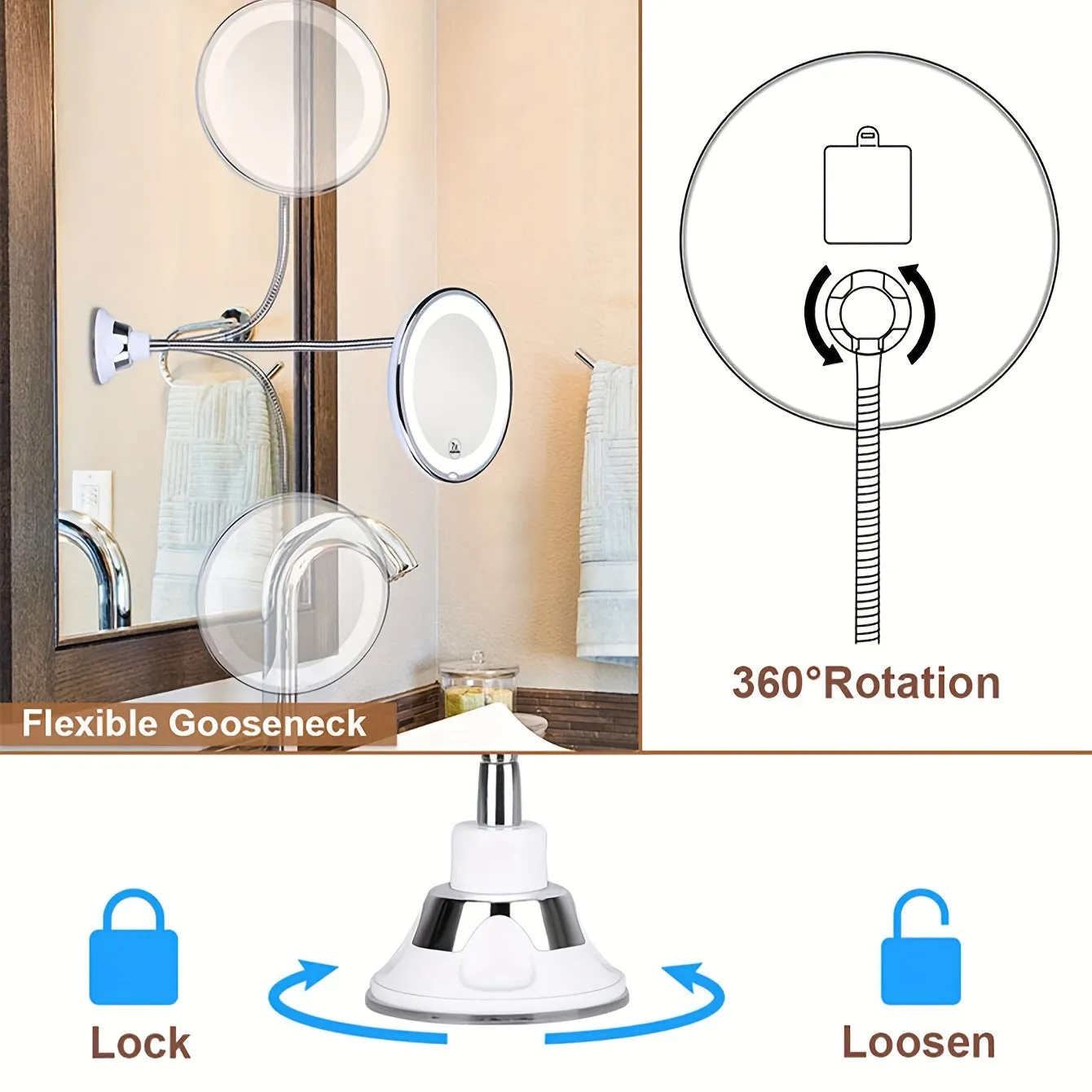 10X Magnifying LED Lighted Suction Mirror for Home Bathroom