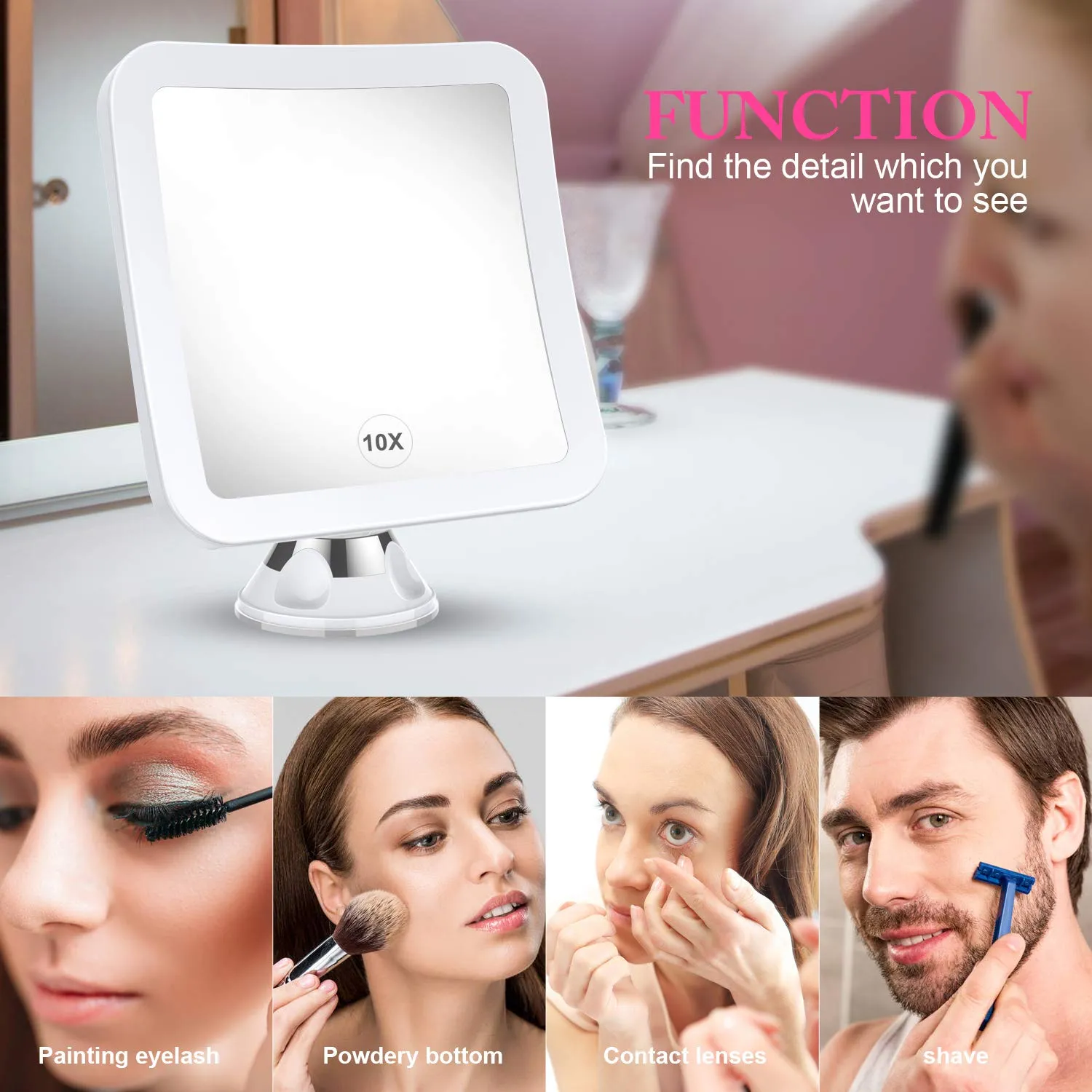 2021 Upgraded 10x Magnifying Lighted Makeup Mirror with Natural White LED Lights, 360°Swivel Portable Cordless Makeup Mirrors with Locking Suction Base for Home Bathroom Shower and Travel
