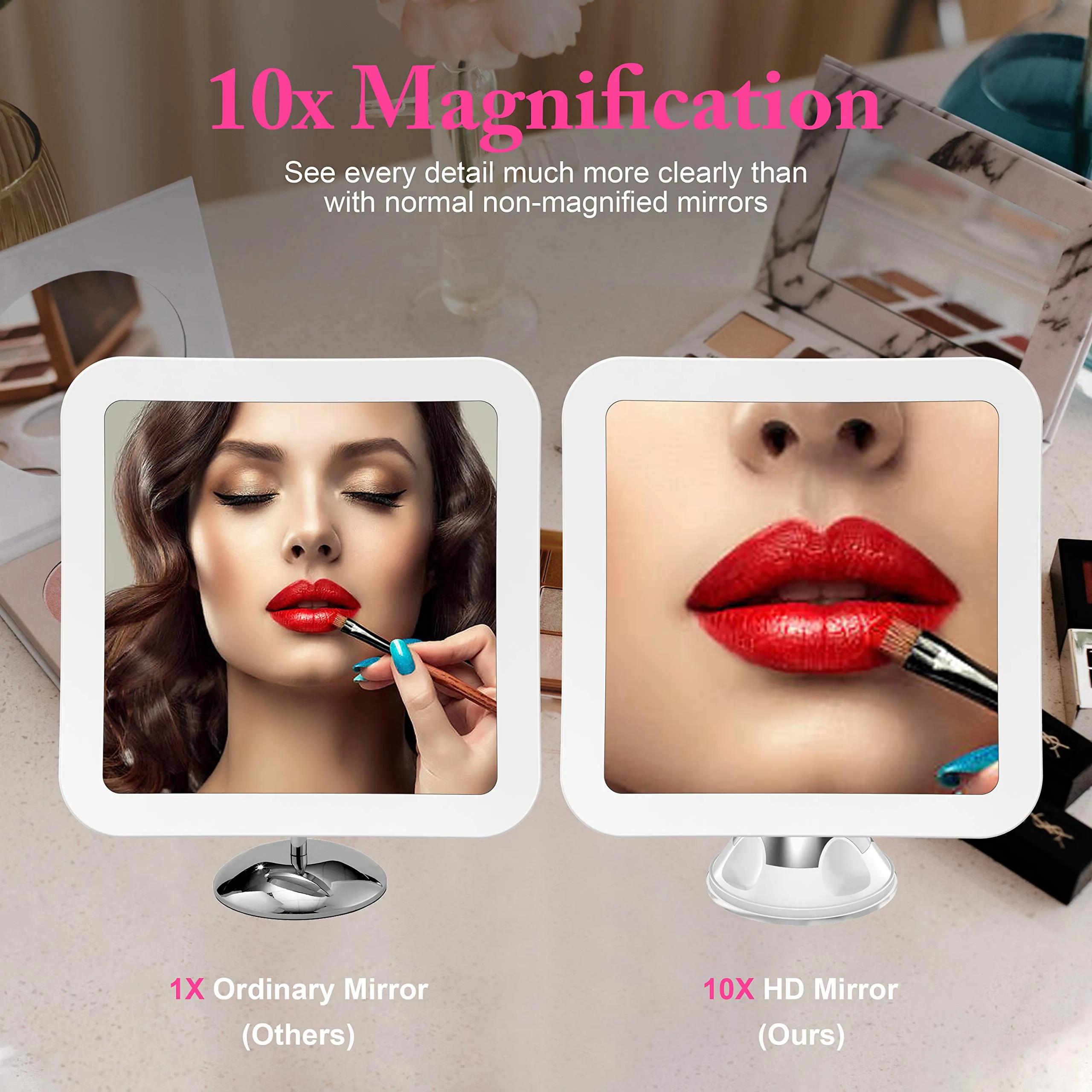 2021 Upgraded 10x Magnifying Lighted Makeup Mirror with Natural White LED Lights, 360°Swivel Portable Cordless Makeup Mirrors with Locking Suction Base for Home Bathroom Shower and Travel