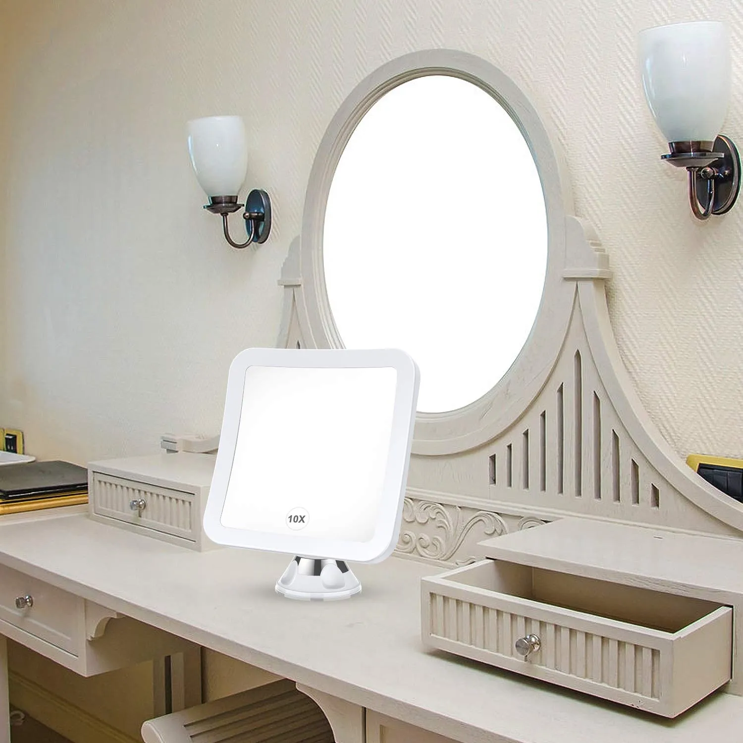 2021 Upgraded 10x Magnifying Lighted Makeup Mirror with Natural White LED Lights, 360°Swivel Portable Cordless Makeup Mirrors with Locking Suction Base for Home Bathroom Shower and Travel