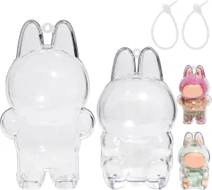 2PCS Protective Case Compatible with LABU - Clear Plastic Box with Keychain & Anti-Loss Silicone Strap,Plastic Clear Display Box(No Doll Included,15CM 17CM)