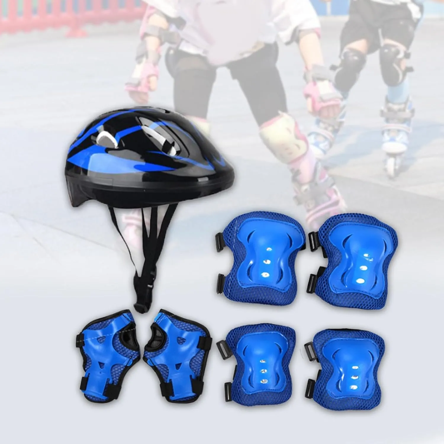 7Pcs/Set Kids Bike Helmet Roller Skating Helmet Impact Resistance Teens Skateboard Helmet for Bike Riding Inline Skating