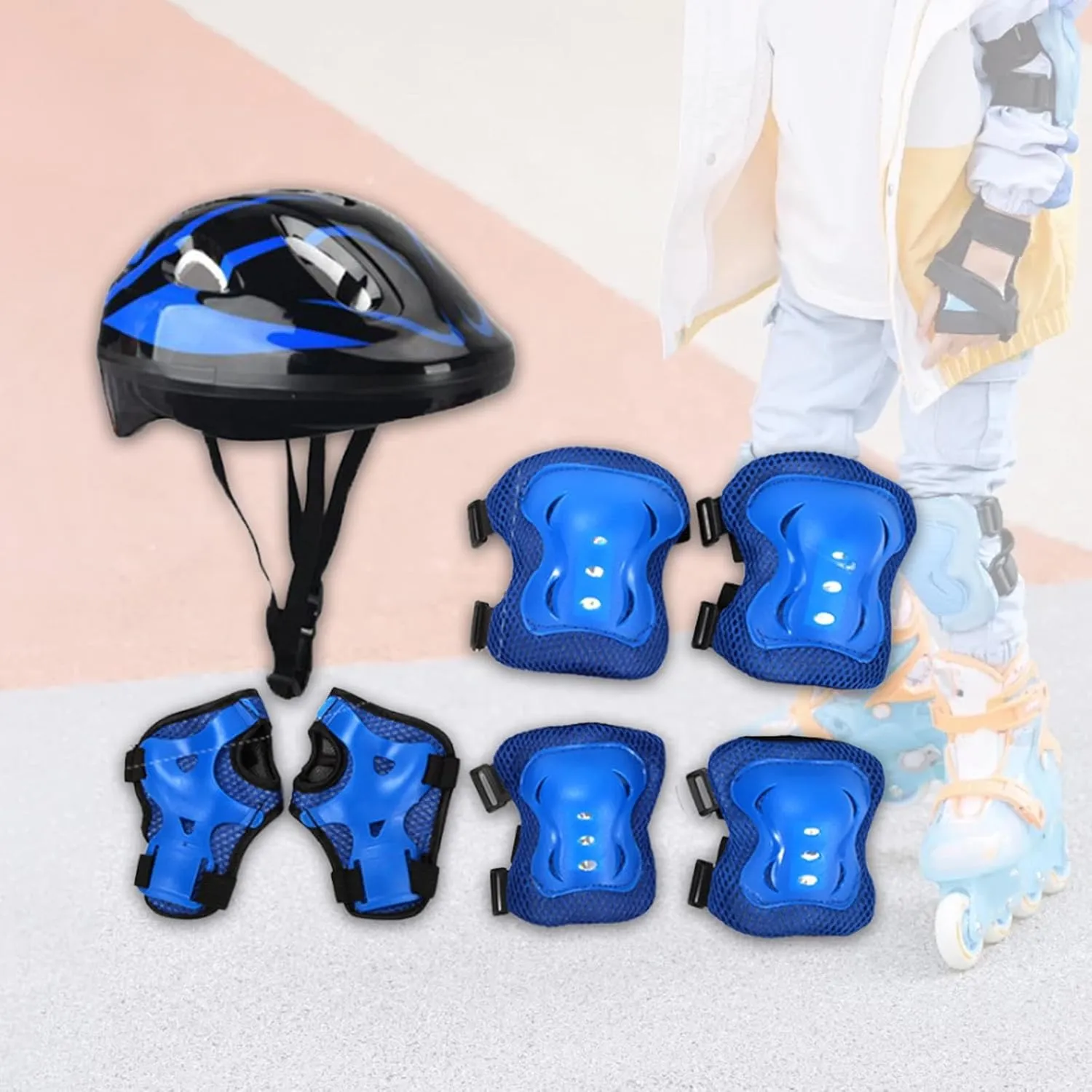 7Pcs/Set Kids Bike Helmet Roller Skating Helmet Impact Resistance Teens Skateboard Helmet for Bike Riding Inline Skating