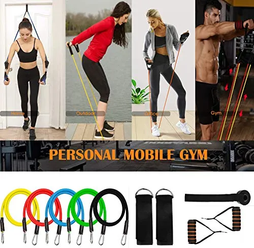 AIRIVO Resistance Bands Set (11 pcs), Elastic Workout Bands with Handles, Door Anchor, Foot Ring - Men Women Portable Home Exercise Accessories, Training, Physical Therapy Yoga Pilates