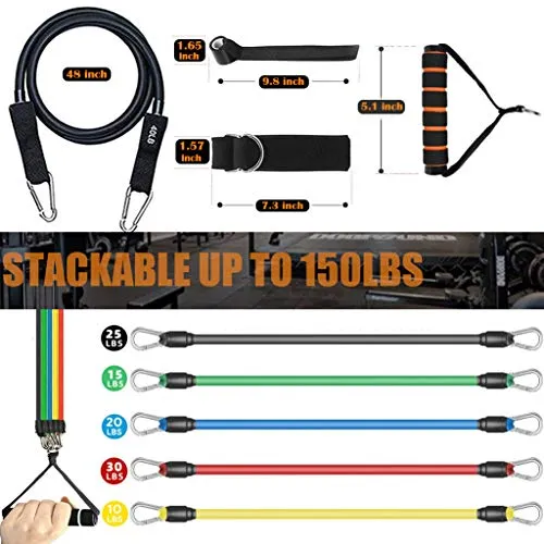 AIRIVO Resistance Bands Set (11 pcs), Elastic Workout Bands with Handles, Door Anchor, Foot Ring - Men Women Portable Home Exercise Accessories, Training, Physical Therapy Yoga Pilates