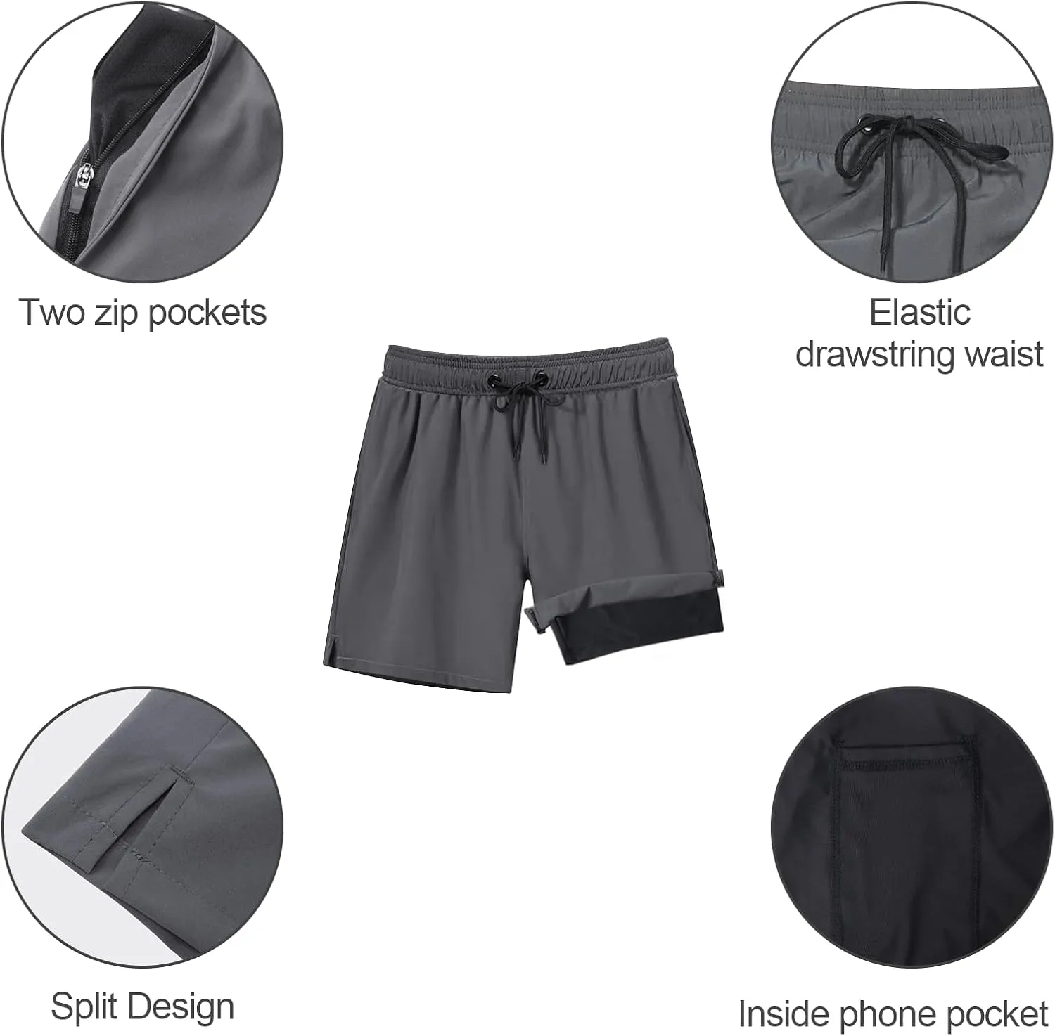 Arcweg Mens Swim Trunks with Compression Liner 2 in 1 Beach Swimming Trunks Quick Dry Swim Shorts with Zipper Pockets