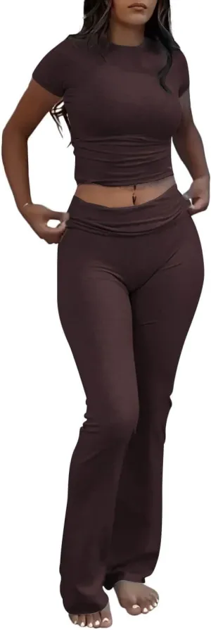 AYWA Women's 2 Piece Lounge Sets Short Sleeve Crop Top Foldover Flare Pants Casual Pajama Outfits