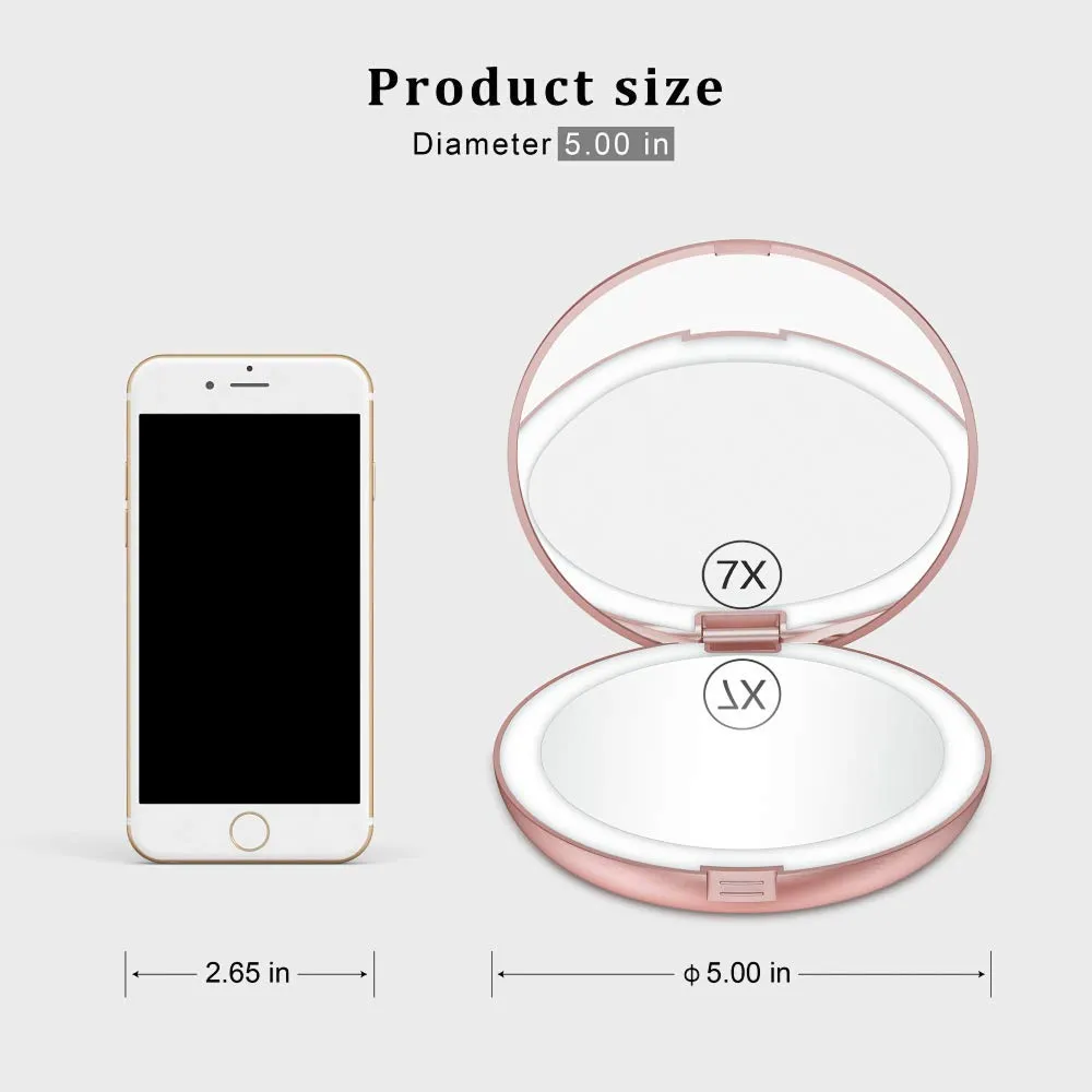 Benbilry LED Lighted Travel Makeup Mirror, 1x/7x Magnification, 5 Inch Dual Sided Vanity Mirror with Lights Portable Compact Illuminated Cosmetic Mirror – Perfect for Handbag (Rose Gold) Rose Gold