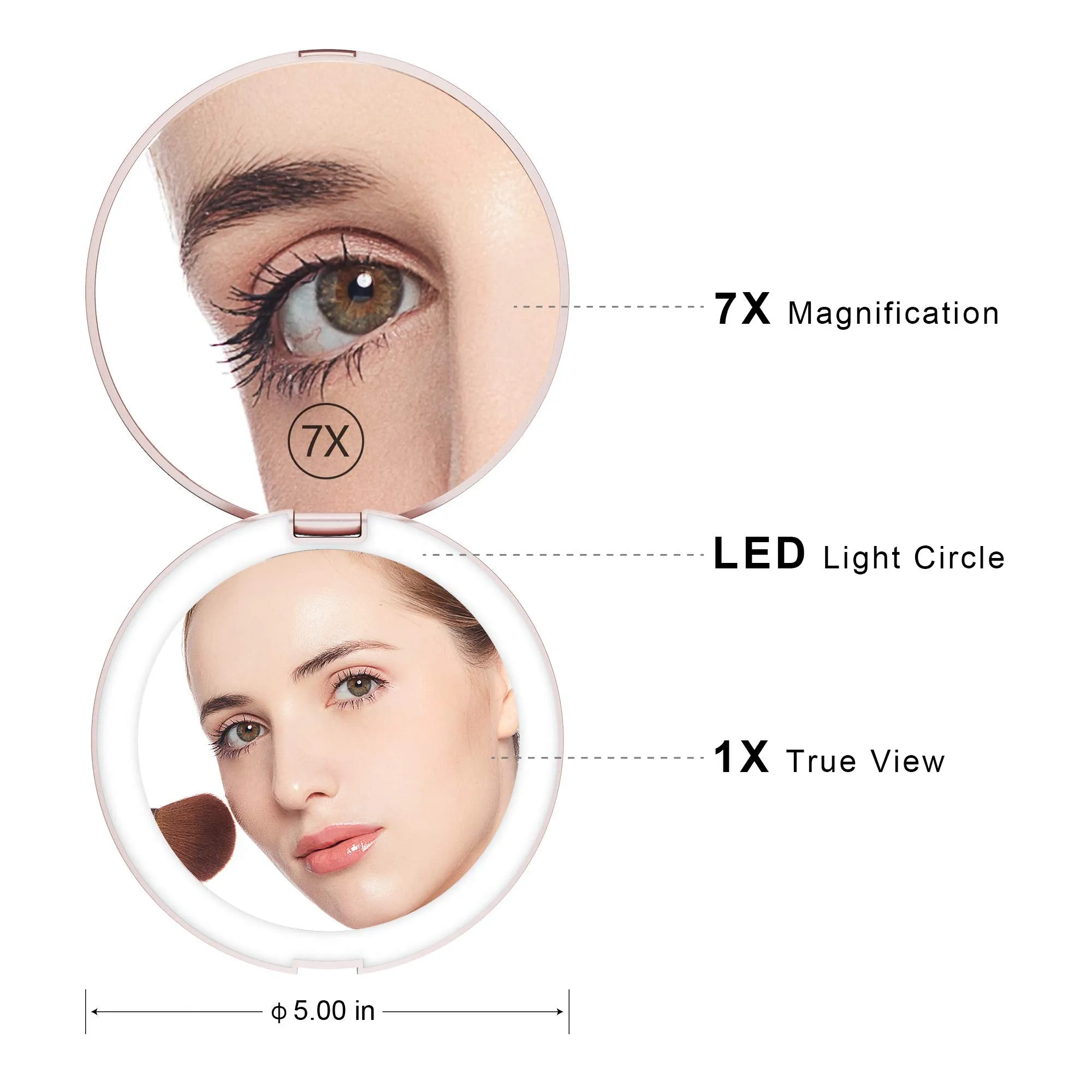 Benbilry LED Lighted Travel Makeup Mirror, 1x/7x Magnification, 5 Inch Dual Sided Vanity Mirror with Lights Portable Compact Illuminated Cosmetic Mirror – Perfect for Handbag (Rose Gold) Rose Gold
