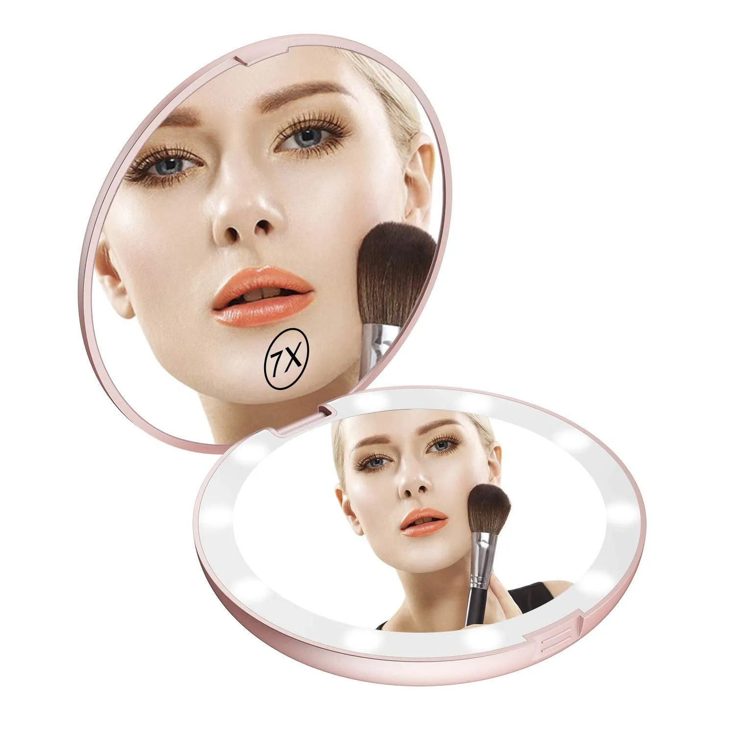 Benbilry LED Lighted Travel Makeup Mirror, 1x/7x Magnification, 5 Inch Dual Sided Vanity Mirror with Lights Portable Compact Illuminated Cosmetic Mirror – Perfect for Handbag (Rose Gold) Rose Gold