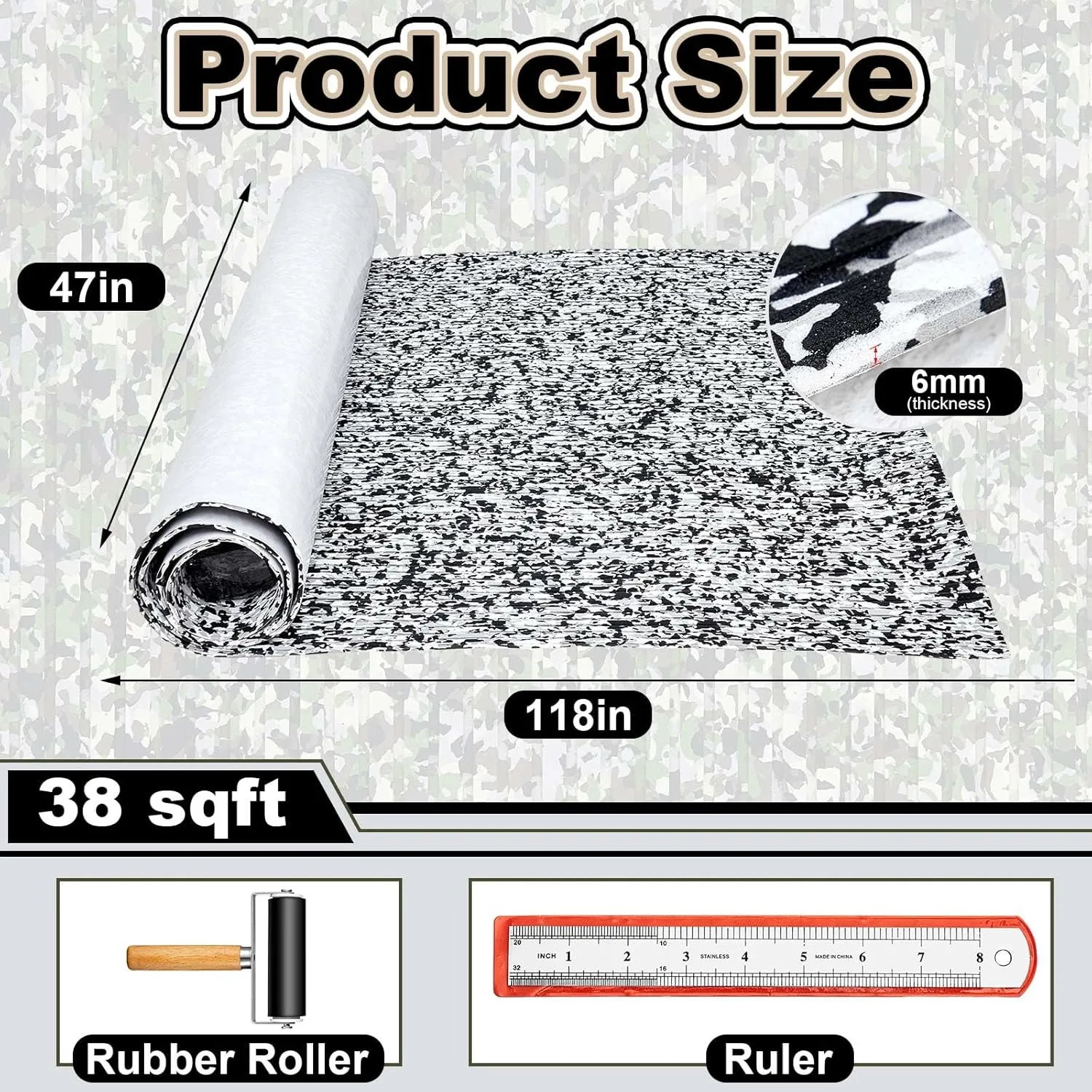 Boat Flooring EVA Foam 158"/118"/94" x 47"/35"/24" Boat Decking Non Slip Marine Camo Self Adhesive Carpet with Roller Ruler for Kayak Yacht Motorboat