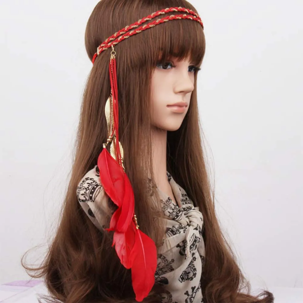 Boho Feather Headband Hippie Indian Leaf Hair Bands Tassel Bohemian Hair Hoops Hairband Headpiece Women Halloween Christmas Baby Shower Wedding Birthday Cosplay Dress Up Party Accessories Red