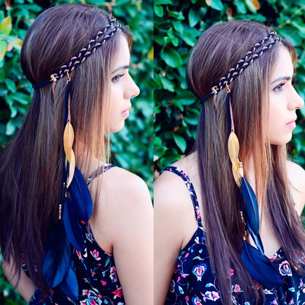 Boho Feather Headband Hippie Indian Leaf Hair Bands Tassel Bohemian Hair Hoops Hairband Headpiece Women Halloween Christmas Baby Shower Wedding Birthday Cosplay Dress Up Party Accessories Red