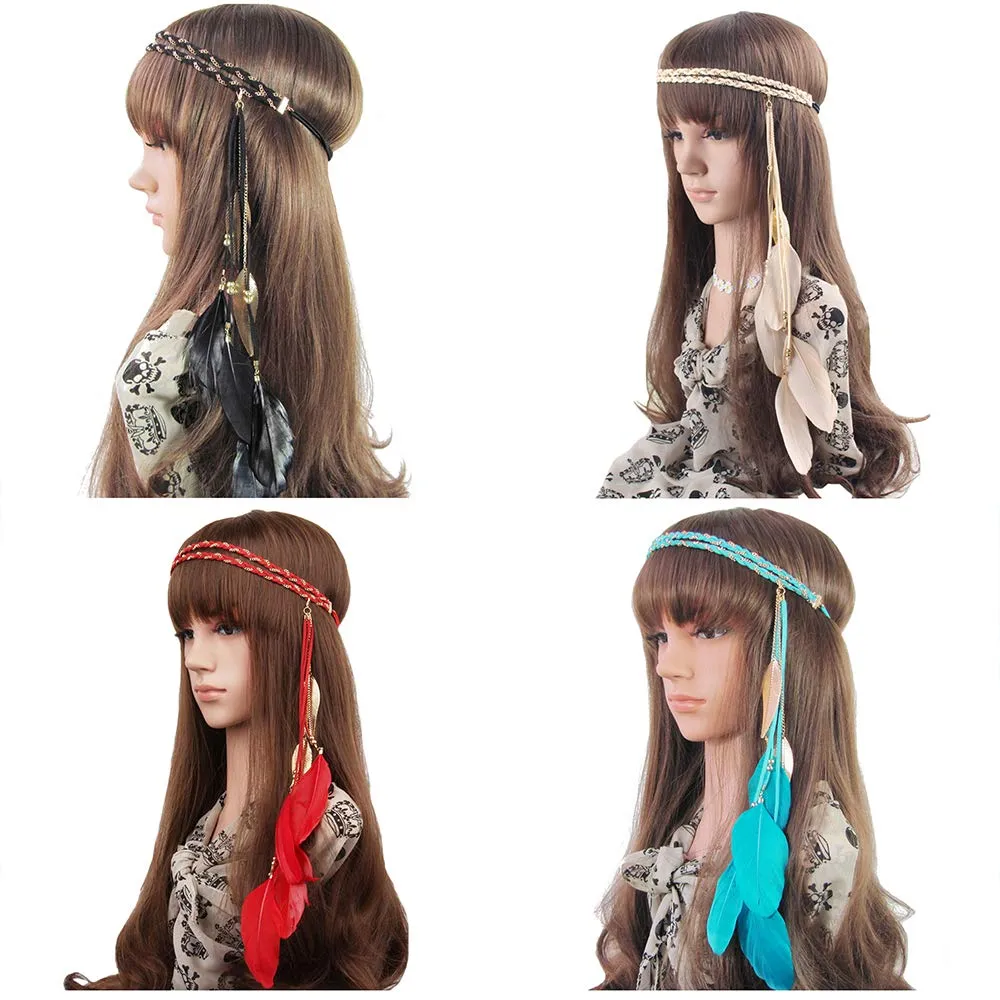 Boho Feather Headband Hippie Indian Leaf Hair Bands Tassel Bohemian Hair Hoops Hairband Headpiece Women Halloween Christmas Baby Shower Wedding Birthday Cosplay Dress Up Party Accessories Red