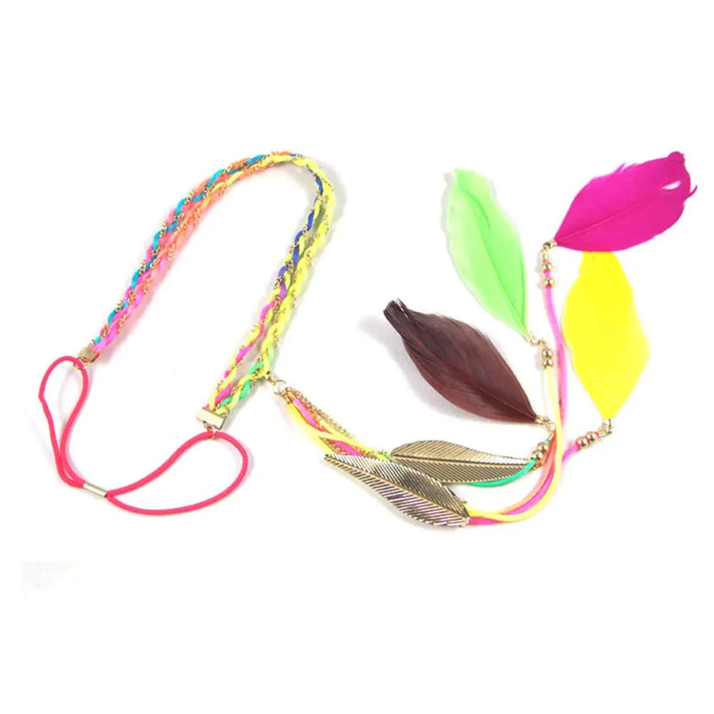 Boho Feather Headband Hippie Indian Leaf Hair Bands Tassel Bohemian Hair Hoops Hairband Headpiece Women Halloween Christmas Baby Shower Wedding Birthday Cosplay Dress Up Party Accessories Red