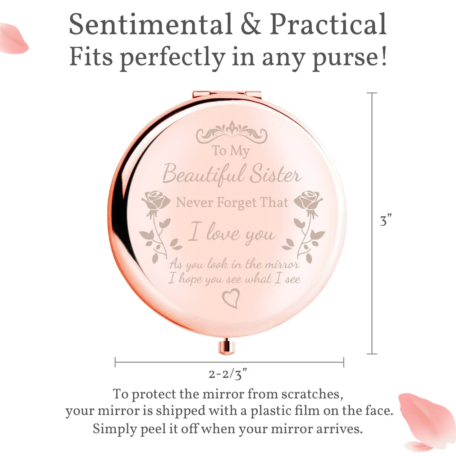 boutikpro Sister Gifts Compact Mirror, to My Beautiful Sister Gorgeous Rose Gold Compact Mirror Unique Friend Gift Mirror for Women Girls Sisters for Women BFF