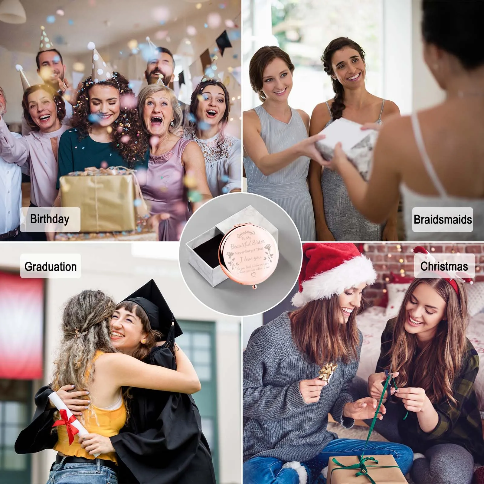 boutikpro Sister Gifts Compact Mirror, to My Beautiful Sister Gorgeous Rose Gold Compact Mirror Unique Friend Gift Mirror for Women Girls Sisters for Women BFF