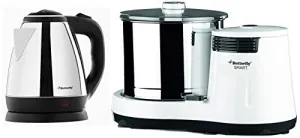 Butterfly EKN 1.5-Litre Water Kettle (Silver with Black) & Smart 150-Watt Table Top Wet Grinder with Coconut Scrapper Attachment (White) Combo
