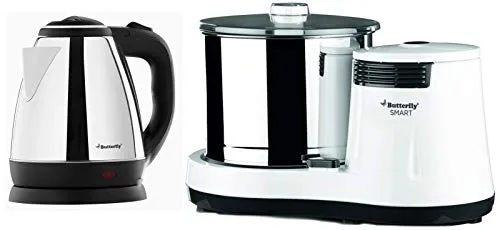 Butterfly EKN 1.5-Litre Water Kettle (Silver with Black) & Smart 150-Watt Table Top Wet Grinder with Coconut Scrapper Attachment (White) Combo