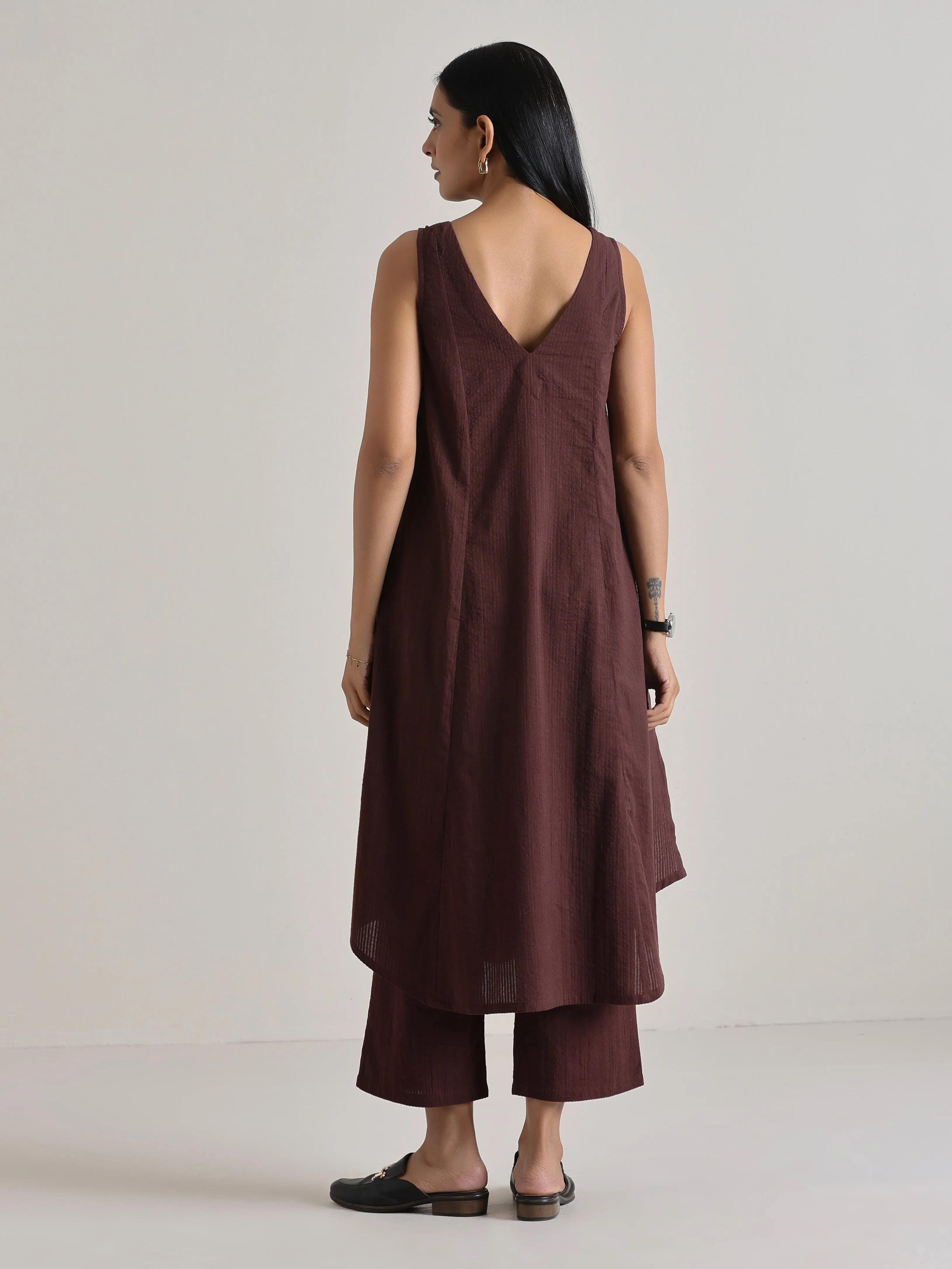 Cola Brown Sleeveless Flared  Kurta Pant Set