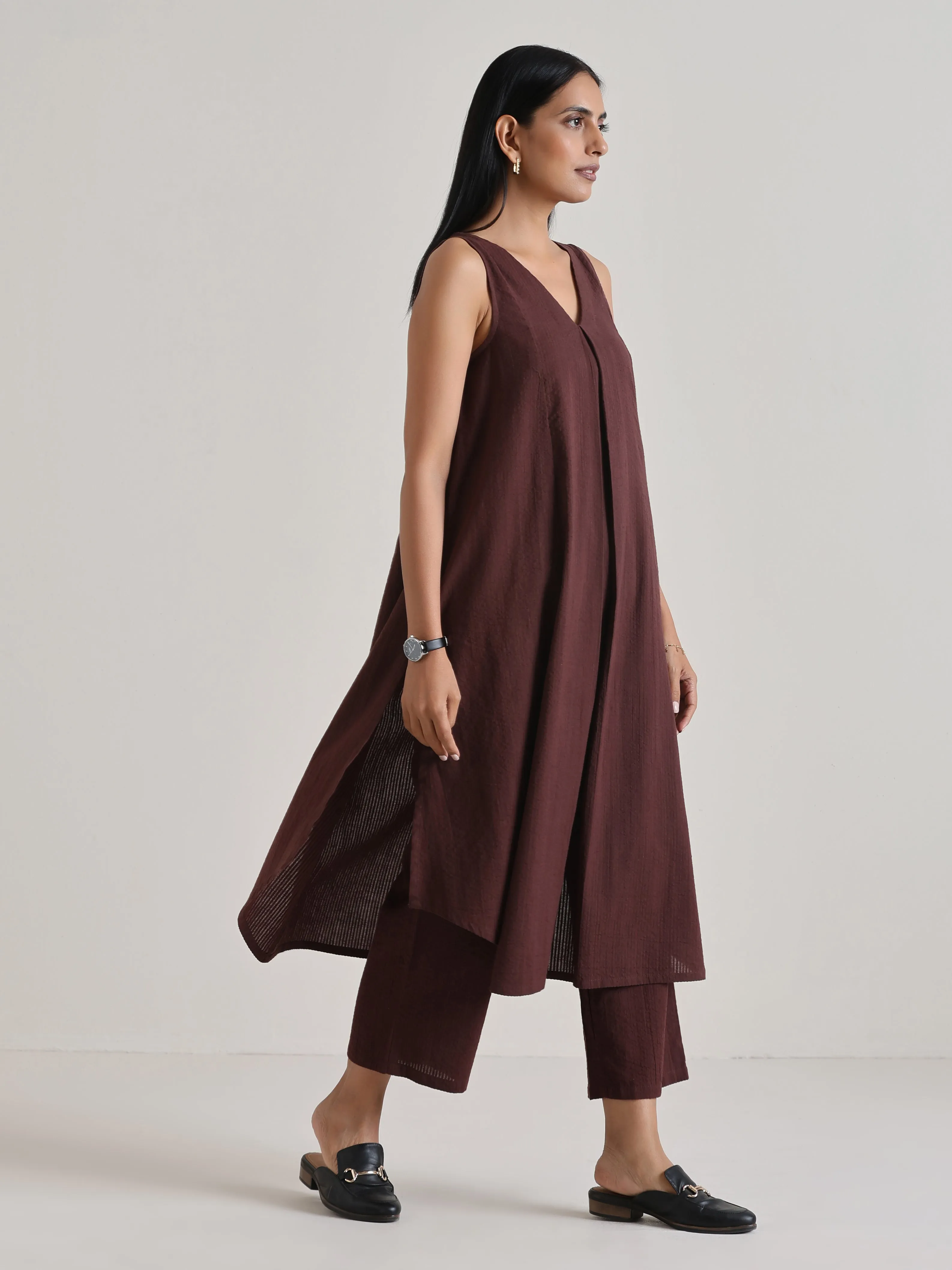 Cola Brown Sleeveless Flared  Kurta Pant Set