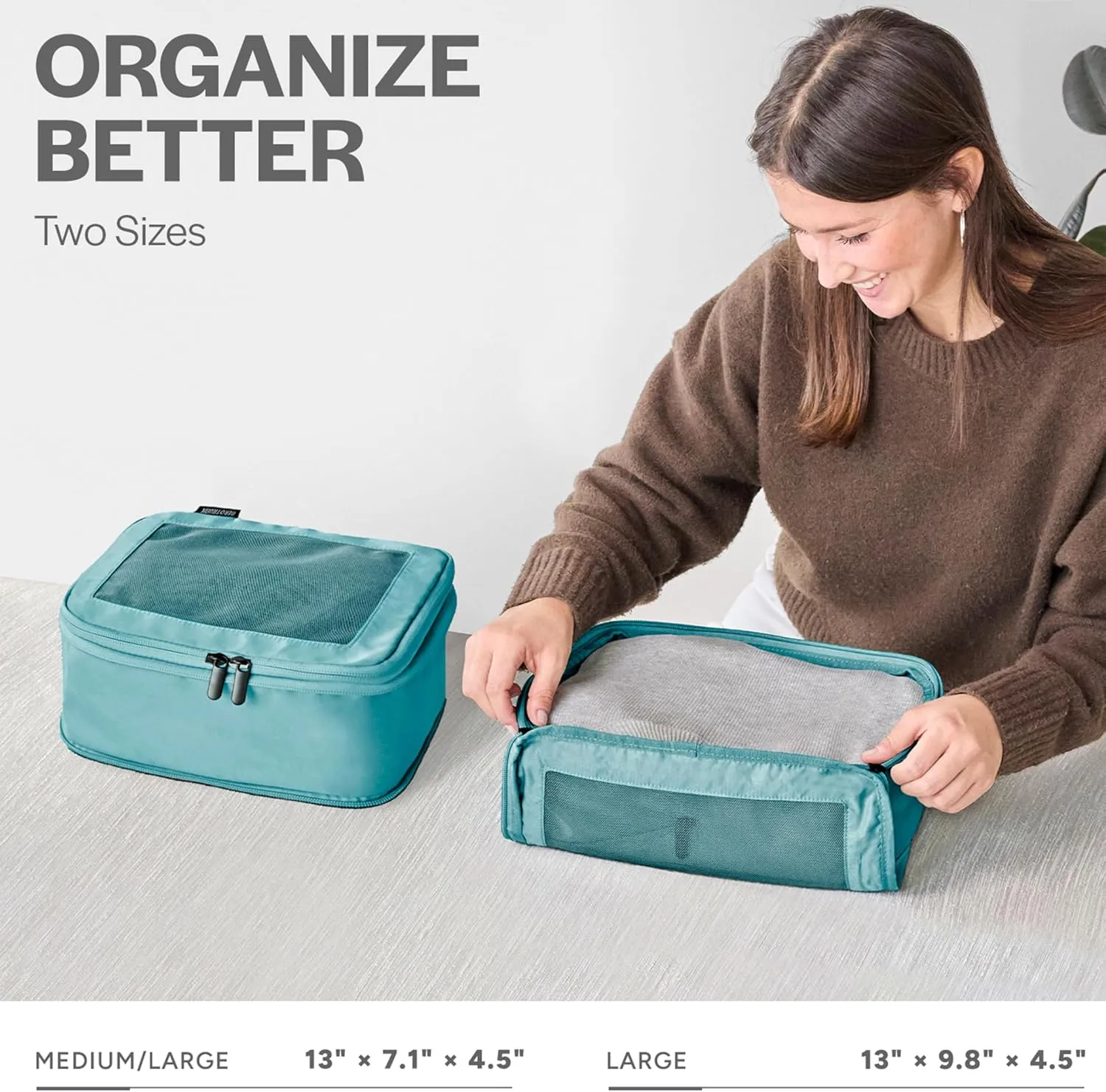 Compression Packing Cubes for Travel - Luggage Organizer Bags - Double Zipper Packing Cubes for Suitcases (2-Pack, Teal)