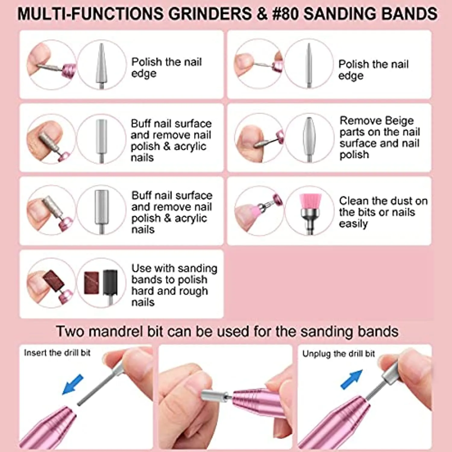 COSITTE Electric Nail Drill, USB Electric Nail Drill Machine for Acrylic Nails, Portable Electrical Nail File Polishing Tool Manicure Pedicure Efile Nail Supplies for Home and Salon Use, Pink