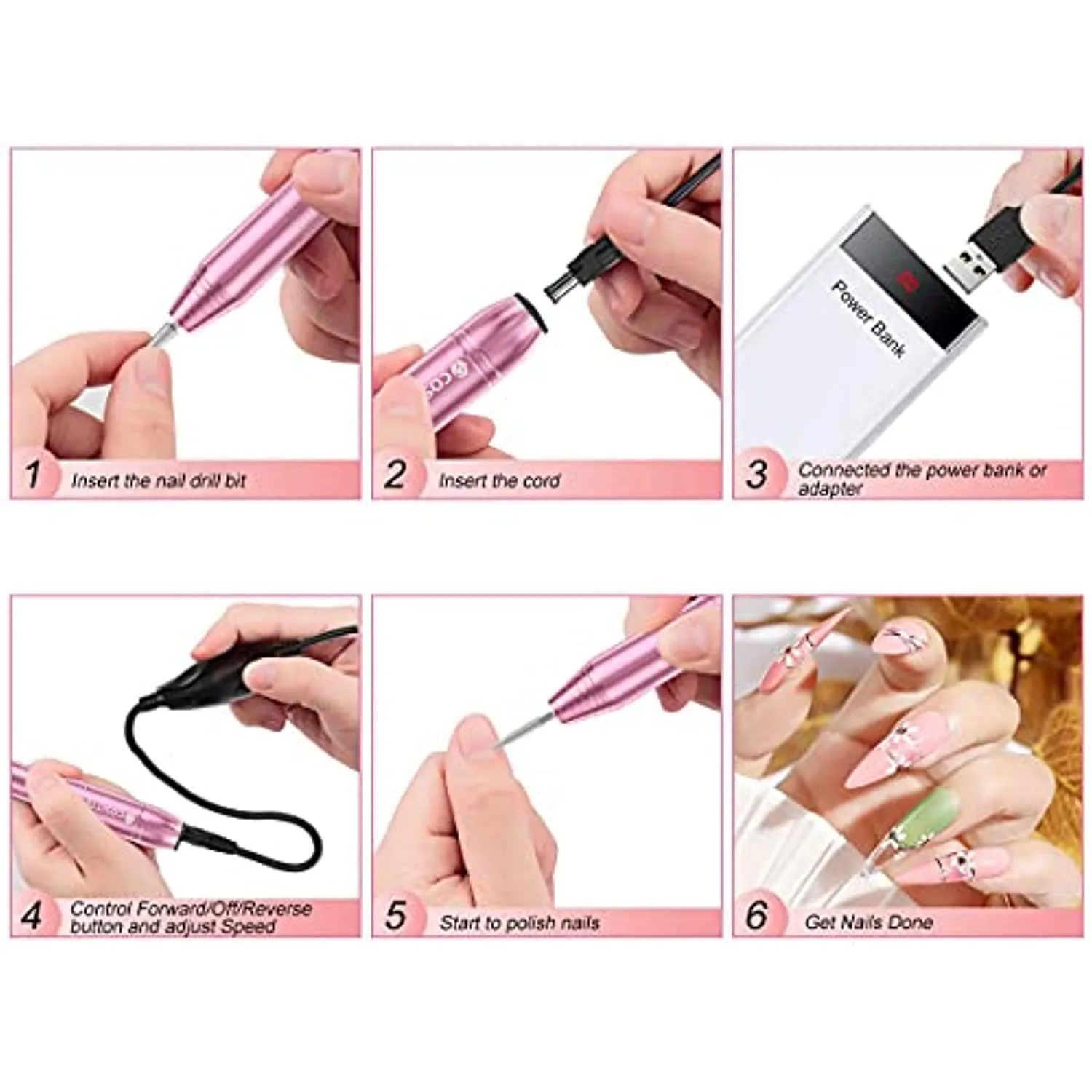 COSITTE Electric Nail Drill, USB Electric Nail Drill Machine for Acrylic Nails, Portable Electrical Nail File Polishing Tool Manicure Pedicure Efile Nail Supplies for Home and Salon Use, Pink