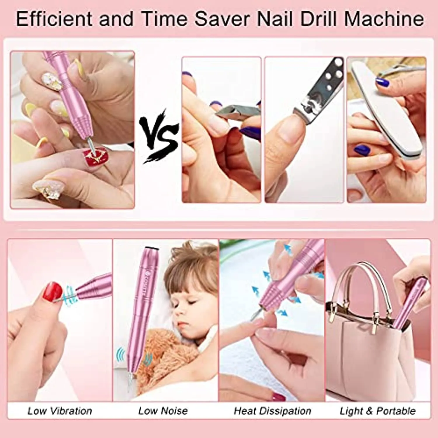 COSITTE Electric Nail Drill, USB Electric Nail Drill Machine for Acrylic Nails, Portable Electrical Nail File Polishing Tool Manicure Pedicure Efile Nail Supplies for Home and Salon Use, Pink