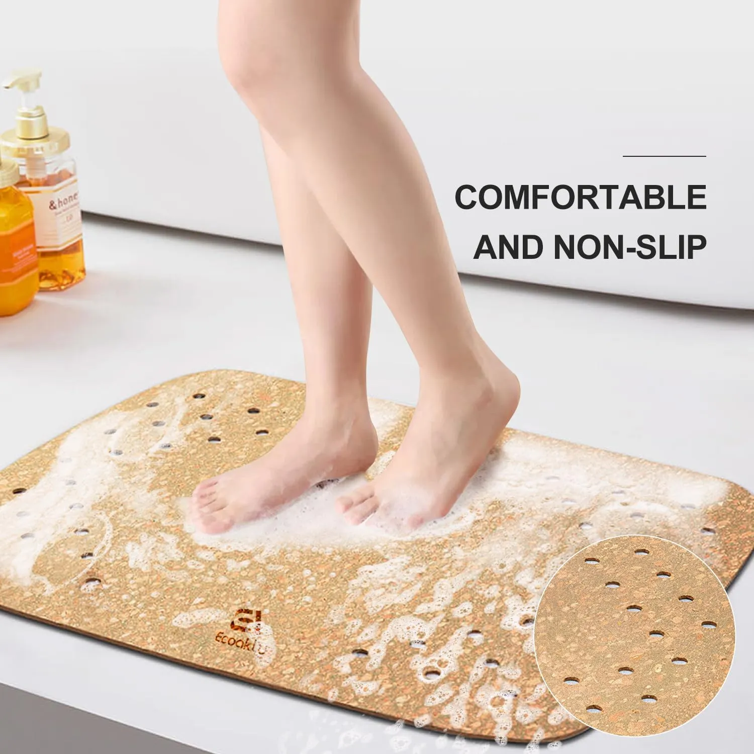 ECOAKLY: Bathtub Mat with Drain Holes - Cork, Non Slip