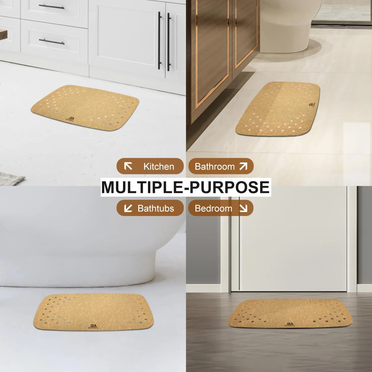 ECOAKLY: Bathtub Mat with Drain Holes - Cork, Non Slip