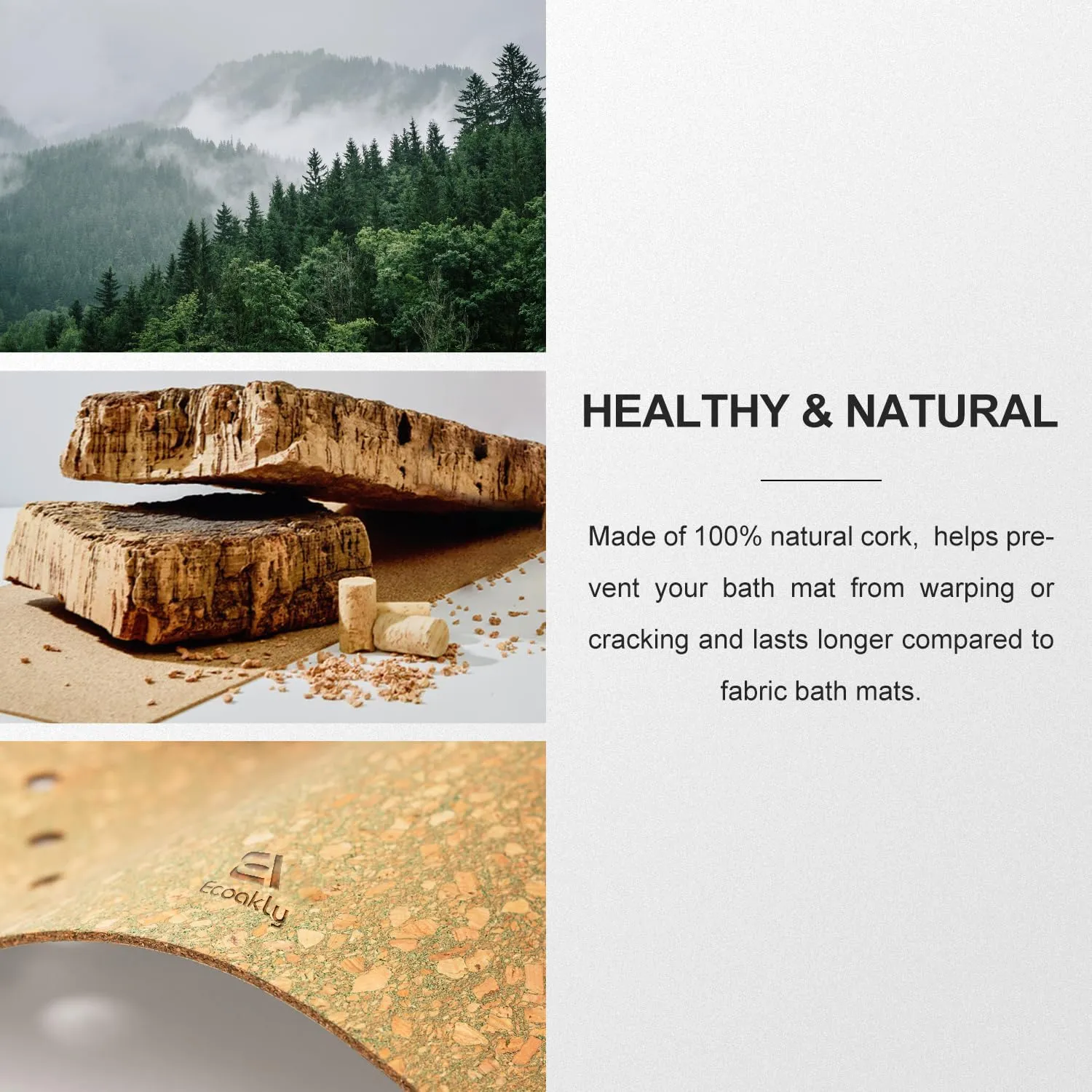 ECOAKLY: Bathtub Mat with Drain Holes - Cork, Non Slip