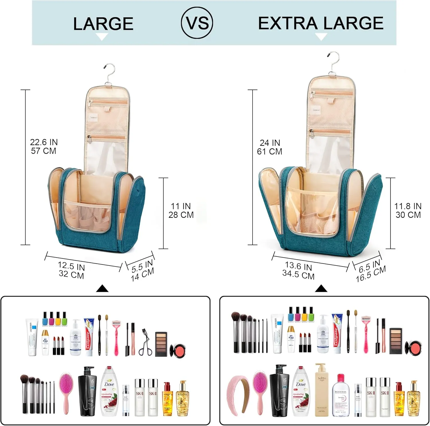 Extra Large Toiletry Bag for Women and Men, 6 Organizer Compartments, Holds Full Size Shampoo, with Hanging Hook Cosmetic Bag, Travel Makeup Bag, Bathroom Water-resistant Toiletries Bag, Blue