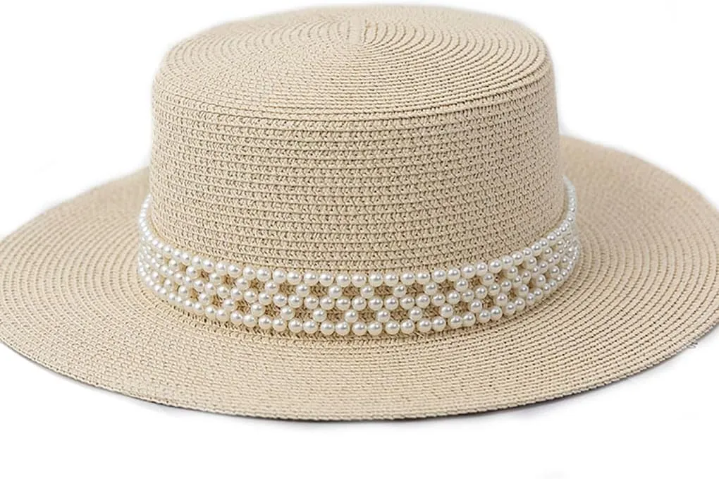 Faux Pearl Hat Band Decorative Fedora Panama Braided Strap Belt Replacement Hatband for Women Men Straw Hat Beach Cap (Hat Band Only)