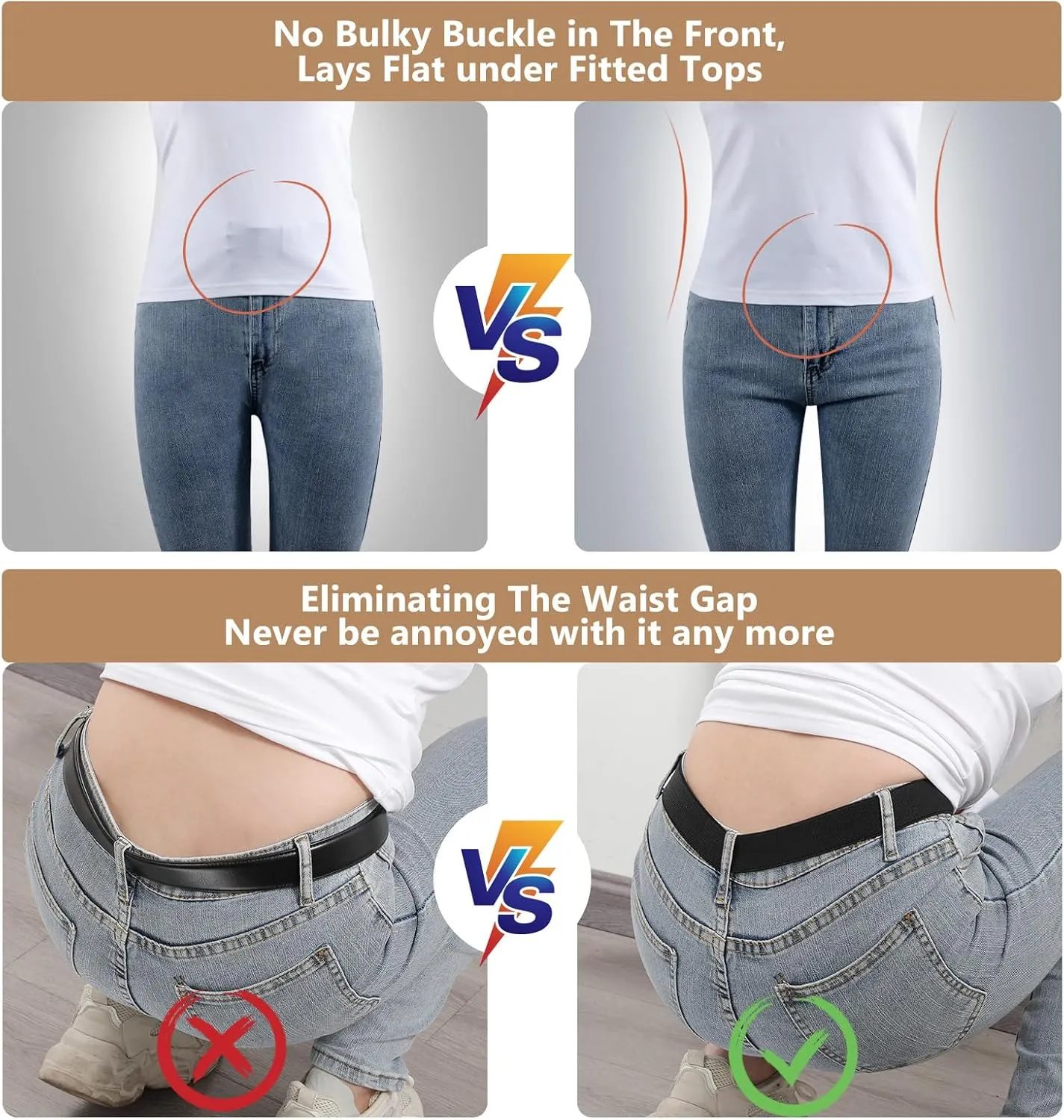 JASGOOD Women No Show Stretch Belt Elastic Web Strap Belt with Flat Buckle for Jeans Pants Dresses
