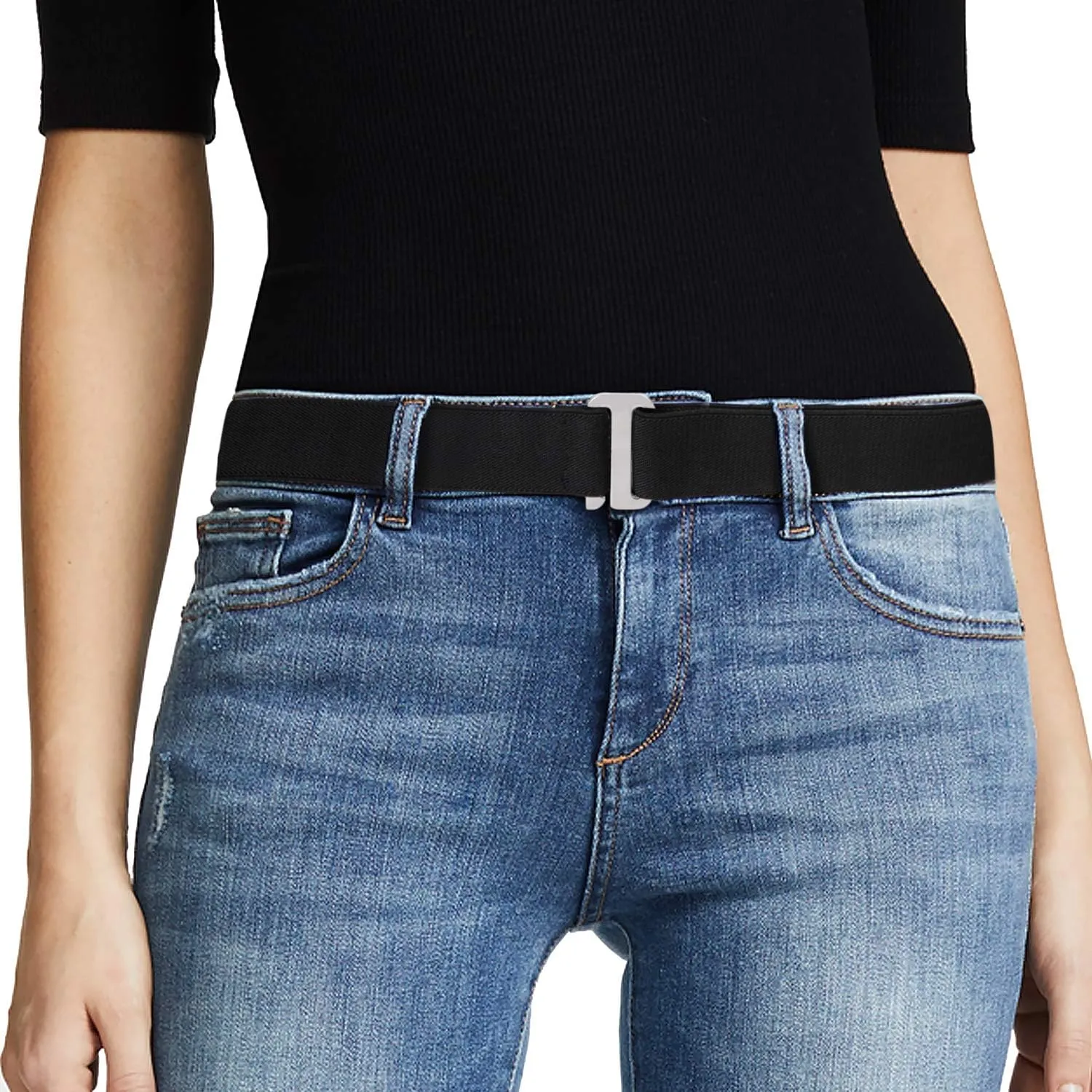 JASGOOD Women No Show Stretch Belt Elastic Web Strap Belt with Flat Buckle for Jeans Pants Dresses