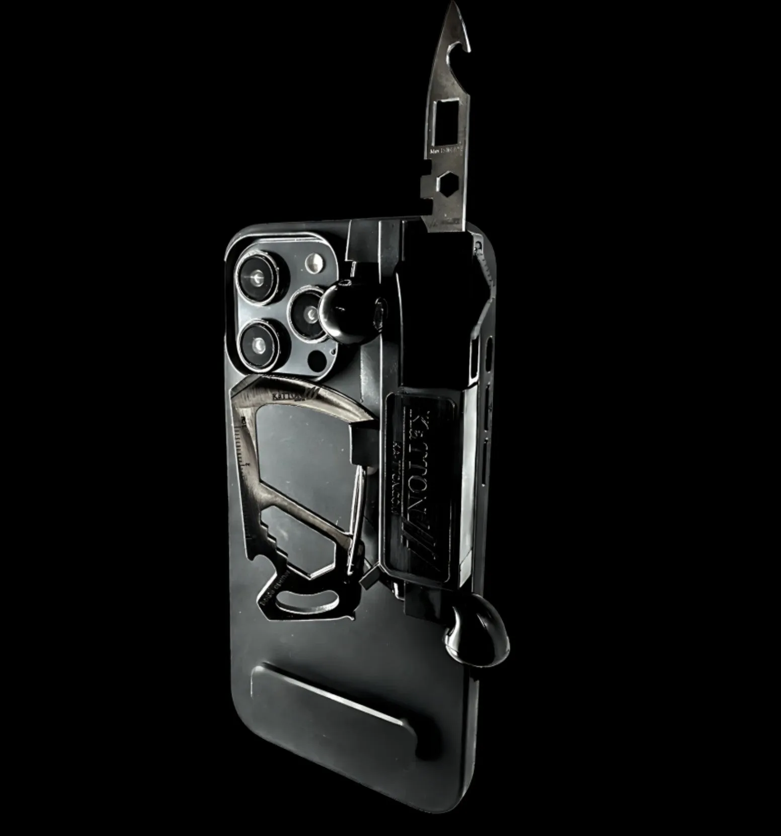 KaTTON phone case Compatible with iPhone 13 Pro Max, Multitool Phone Case holder for Removable Multi-Tool or USB, Air Tag Holder, Kickstand, Carabiner Finger Holder, Finger Loop & Air Pod holders