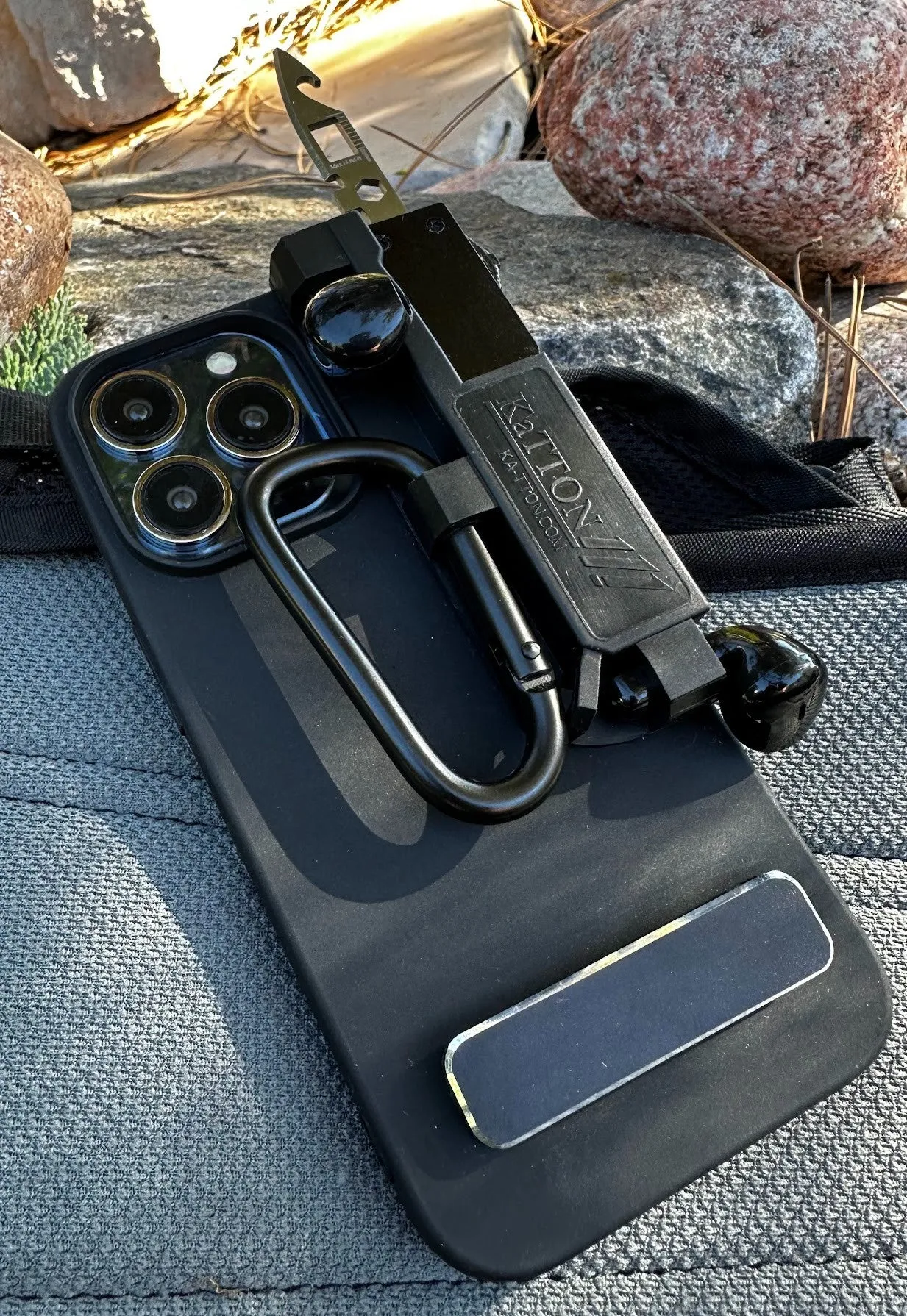 KaTTON phone case Compatible with iPhone 13 Pro Max, Multitool Phone Case holder for Removable Multi-Tool or USB, Air Tag Holder, Kickstand, Carabiner Finger Holder, Finger Loop & Air Pod holders