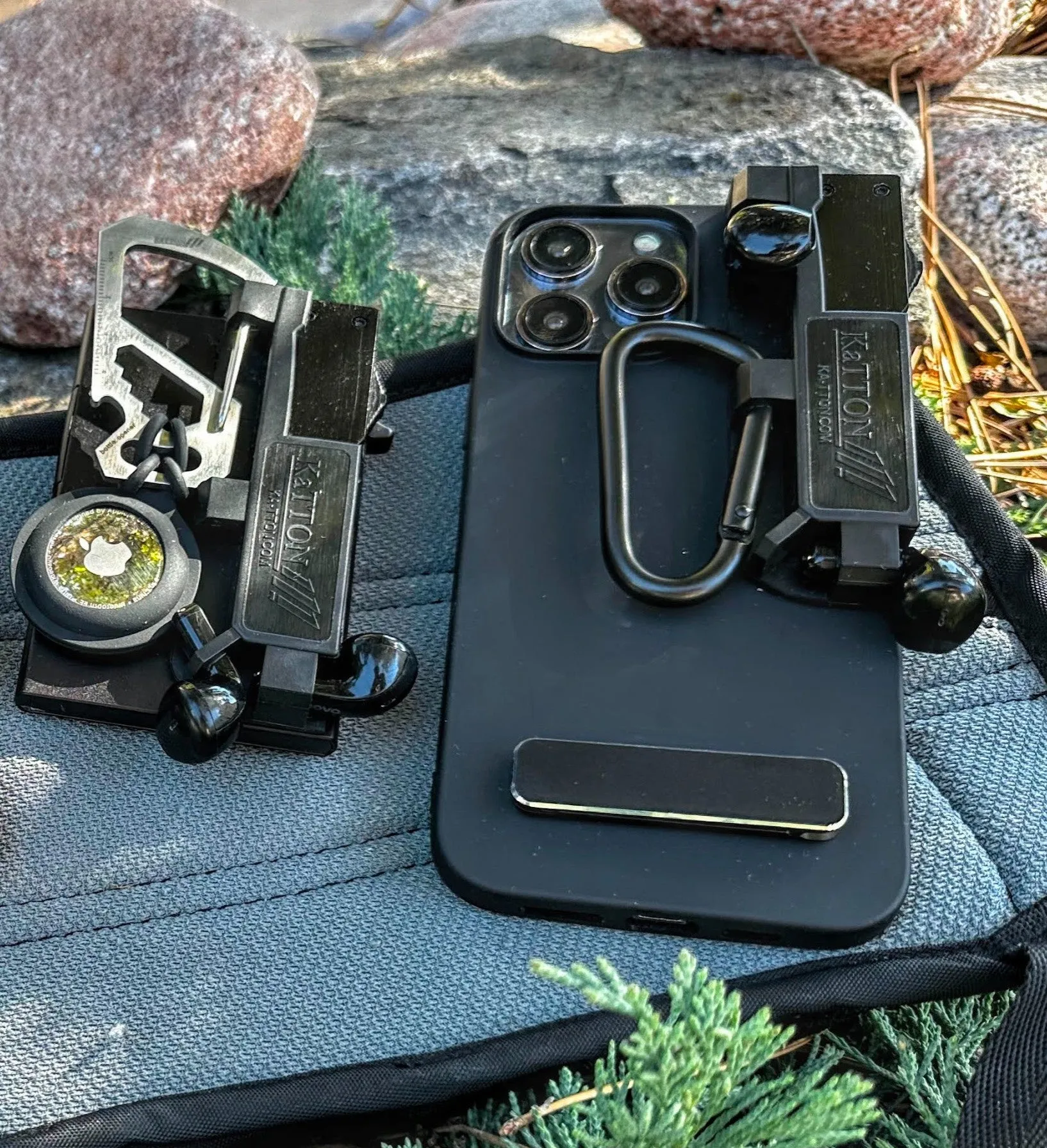 KaTTON phone case Compatible with iPhone 13 Pro Max, Multitool Phone Case holder for Removable Multi-Tool or USB, Air Tag Holder, Kickstand, Carabiner Finger Holder, Finger Loop & Air Pod holders