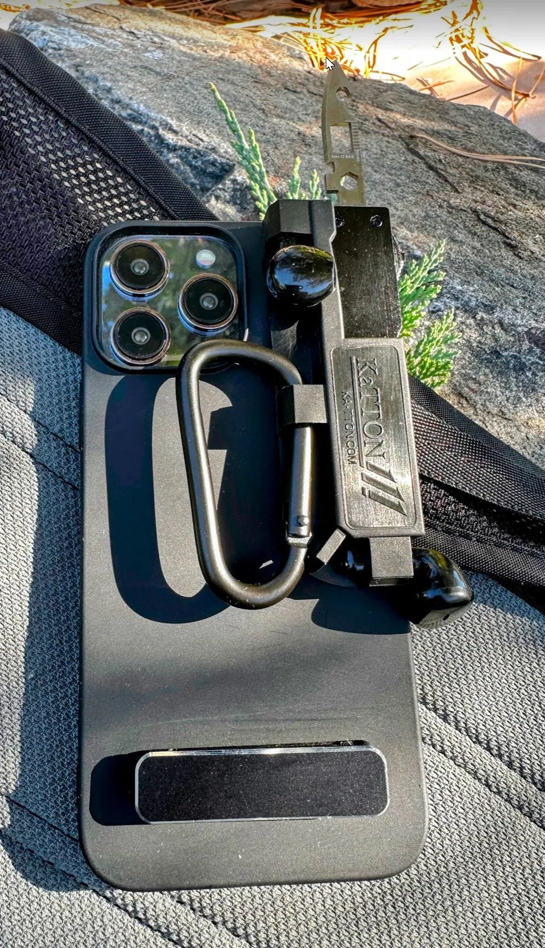 KaTTON Phone case Compatible with iPhone 13 Pro, Multitool Phone Case Holder for Removable Multi-Tool or USB Drive, Air Tag Holder, Kickstand, Carabiner Finger Holder, Finger Loop & Air Pod Holders