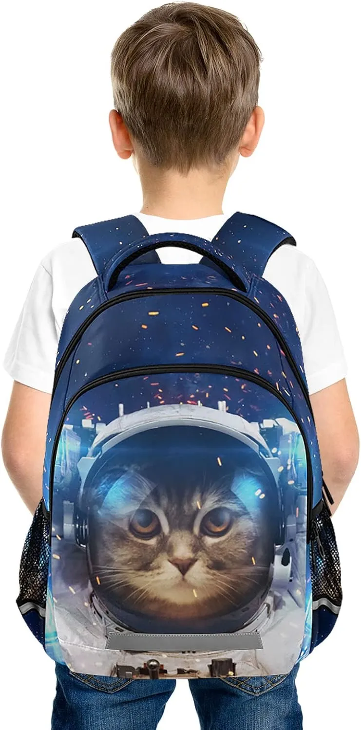 Kids Backpack Cat Astronaut Bookbag Elementary School Bag for Boys Girls Travel Rucksack