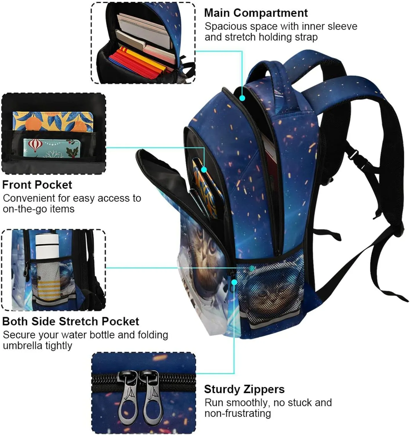 Kids Backpack Cat Astronaut Bookbag Elementary School Bag for Boys Girls Travel Rucksack