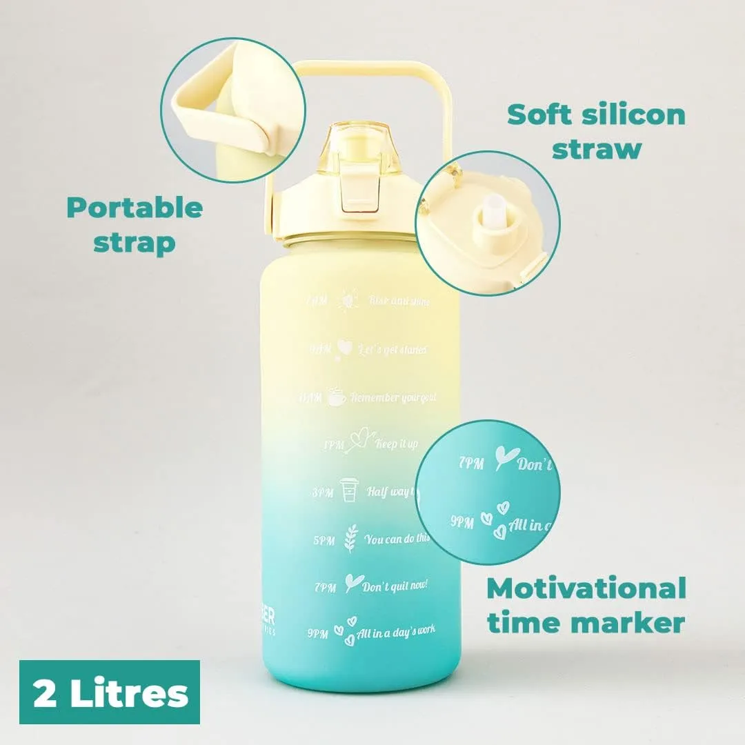 Kuber Industries 2 Litre Water Bottle with Time Marker|BPA Free,Leakproof,Non-Toxic & Durable|Sipper Water Bottle for Kids & Adults with Straw|For Gym,Home,Office & School |Yellow & Blue (Pack Of 6)