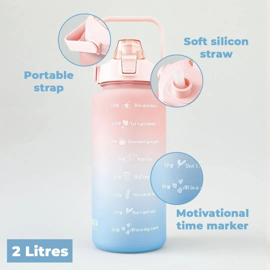 Kuber Industries Motivational 2 LTR Water Bottle with Time Marker|BPA Free,Leakproof,Non-Toxic & Durable|Sipper Water Bottle for Kids & Adults with Straw|For Gym,Home,Office & School |Pink (Pack Of 2)
