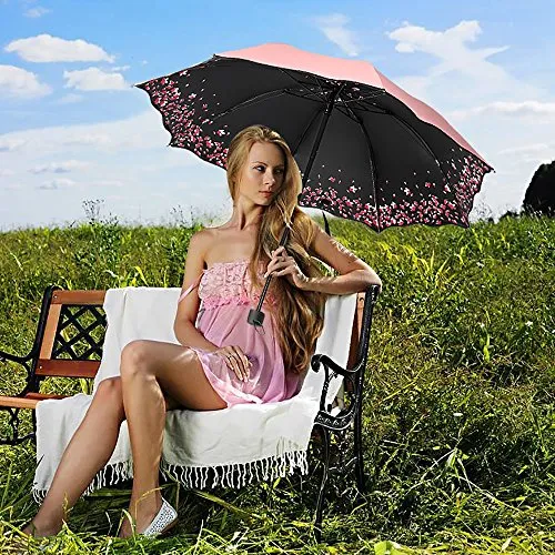 Large Folding Umbrella, Pink Sakura Cherry Blossom, Windproof, Rain or Sun