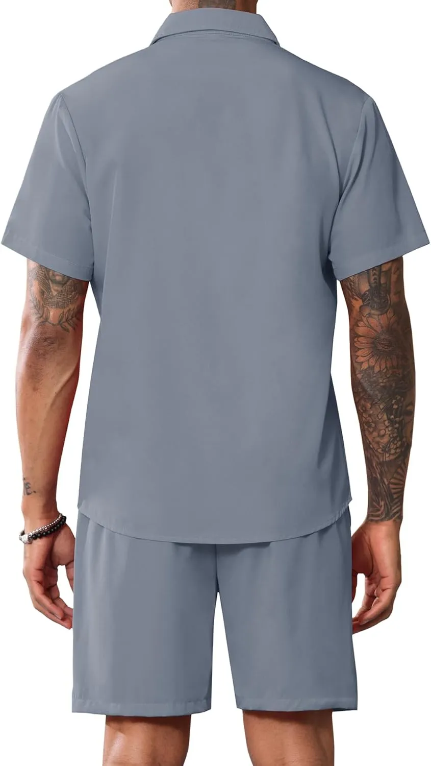LecGee Men Summer Casual Short Sets Solid Short Sleeve Pocket Button Down Shirt Elastic Shorts 2 Piece Outfits Tracksuit