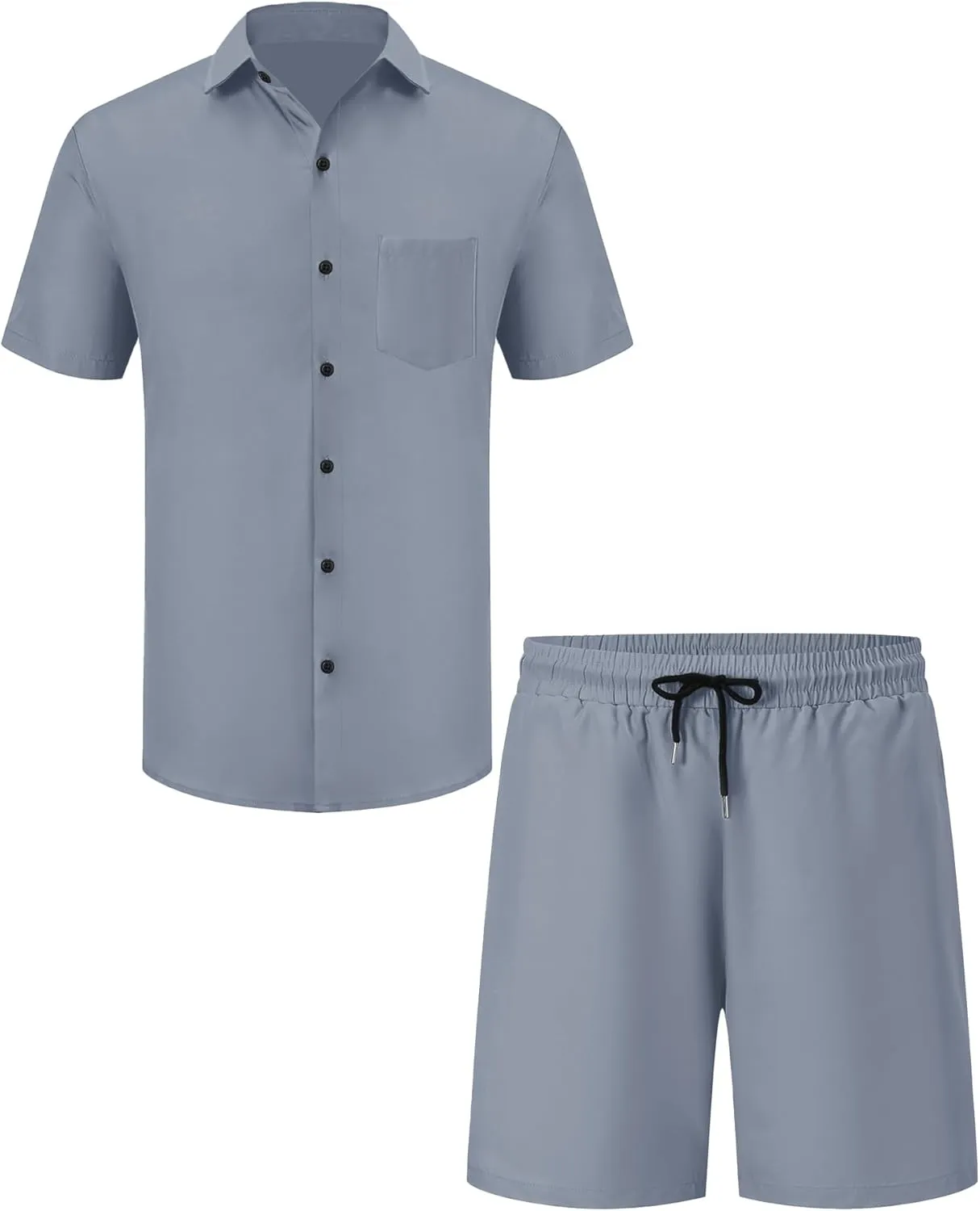 LecGee Men Summer Casual Short Sets Solid Short Sleeve Pocket Button Down Shirt Elastic Shorts 2 Piece Outfits Tracksuit