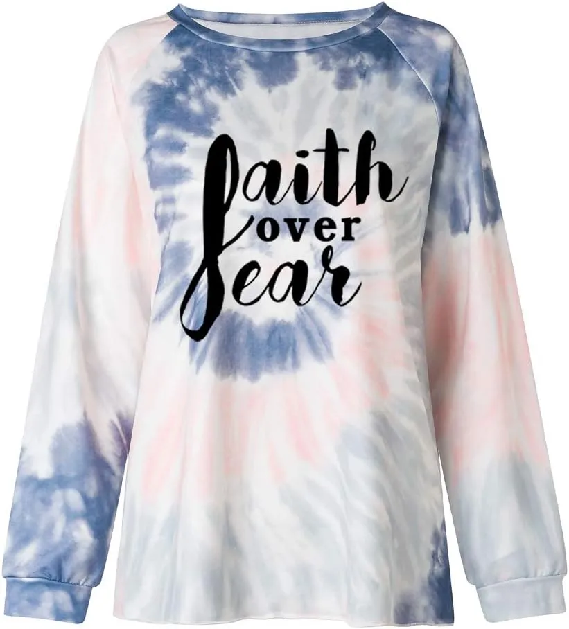 MUZHI Women's Casual Color Block Tie Dye Crewneck Faith Over Fear Long Sleeve Loose Pullover Sweatshirt Tops