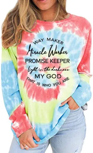 MUZHI Women's Casual Color Block Tie Dye Crewneck Faith Over Fear Long Sleeve Loose Pullover Sweatshirt Tops