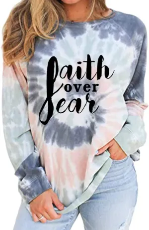 MUZHI Women's Casual Color Block Tie Dye Crewneck Faith Over Fear Long Sleeve Loose Pullover Sweatshirt Tops